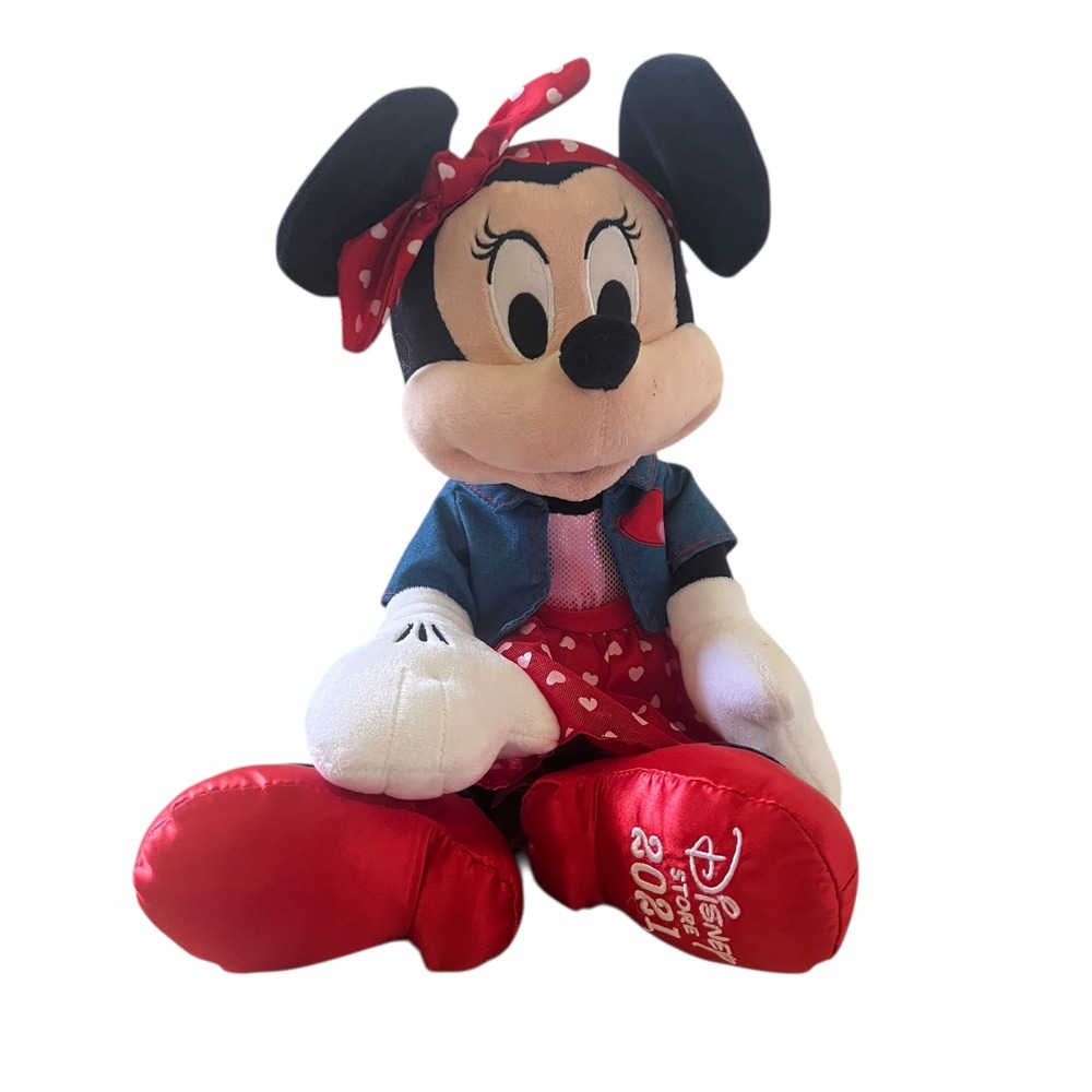 Disney Store 2021 Minnie Mouse Plush Valentine Heart Denim Jacket Red 16" EC